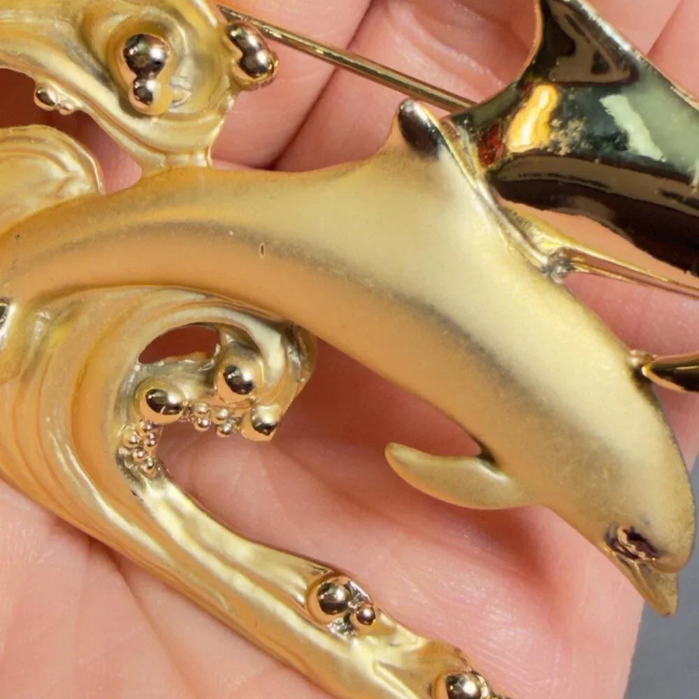 AJC Dolphin Brooch Ocean Wave Figural Gold Tone Pin 2.75”